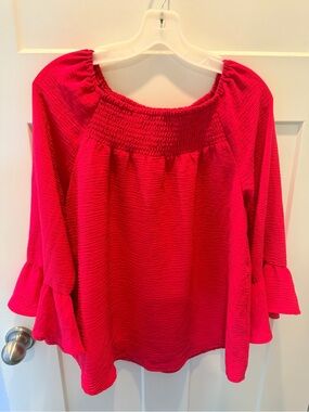 Ava & Grace Red Smocked Bell Sleeve Peasant Blouse Off Shoulder Top L